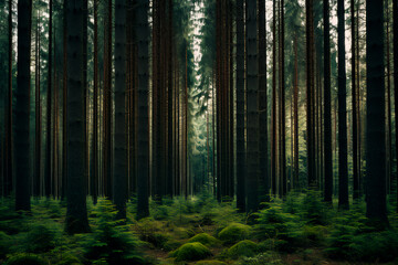 A thick coniferous forest reveals tightly packed vertical spaces amidst the evergreen tree trunks.