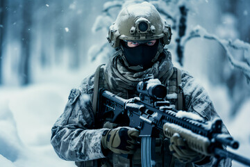 Soldiers, clad in winter camouflage, execute an Arctic warfare operation in cold conditions, armed and positioned within a snowy forest battlefield.





