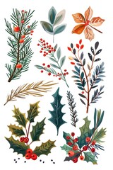 A beautiful collection of watercolor Christmas plants and leaves. Perfect for holiday-themed designs and decorations