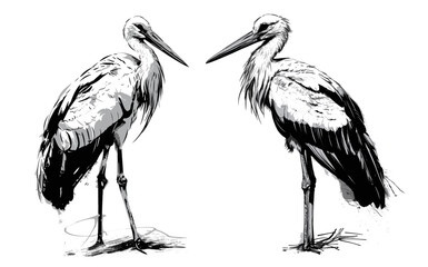 Solitary Grace: Stork in Monochrome Ink Illustration - obrazy, fototapety, plakaty