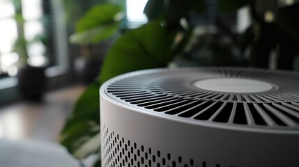 A white air purifier sitting on top of a wooden floor. Ideal for improving air quality and creating a clean and healthy environment