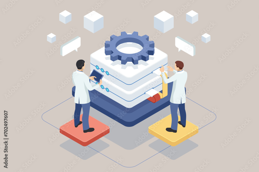 Poster isometric database and cloud data storage concept, server room, accumulation of information