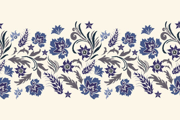 Ethnic Floral border pattern seamless  vintage flower embroidery on white background. Ethnic flower motif  oriental  batik style abstract vector illustration vintage design for print template.