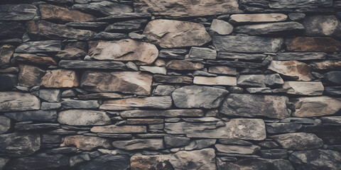 Mysterious and Timeless Gray Stone Wall The texture of narrow flat stones in gray-brown tones. Abstract stone wall background for designers. Wall of brown embossed decorative brick. AI Generative
