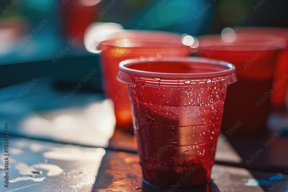 Poster a close-up view of a plastic cup placed on a table. perfect for use in food and beverage related pro