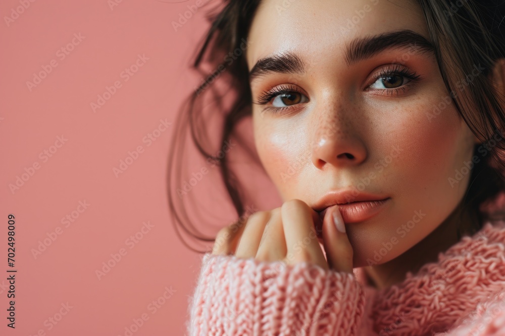 Aufkleber A close-up view of a person wearing a pink sweater. This versatile image can be used in various contexts