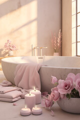 Obraz na płótnie Canvas pink modern bathroom interior design with stone bathtub