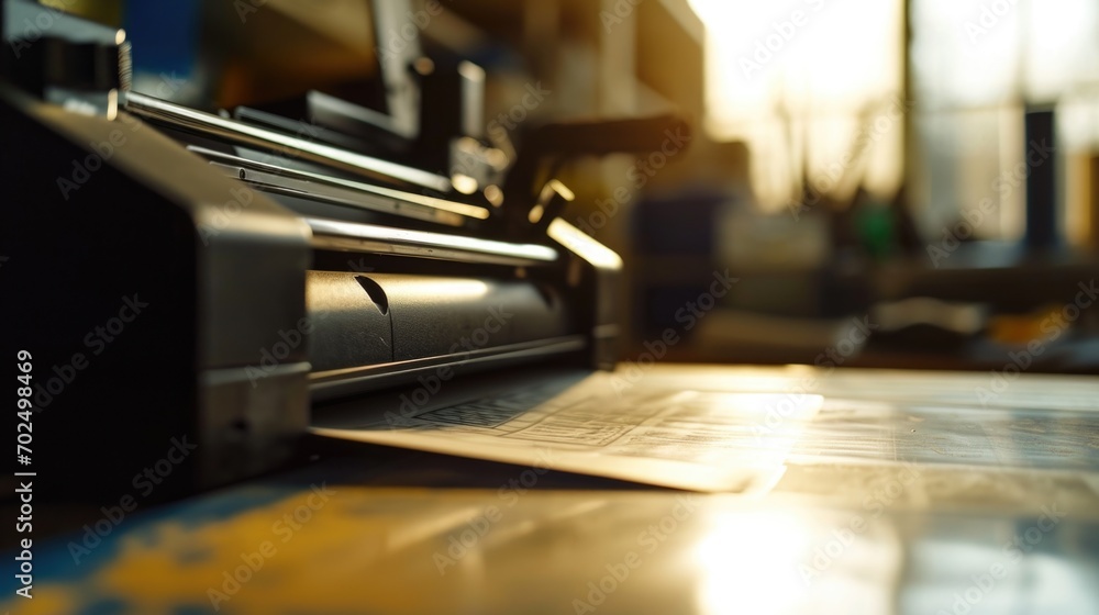 Poster A close up of a printer on a table. Ideal for office or home use