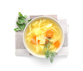 Bowl of tasty chicken soup on white background