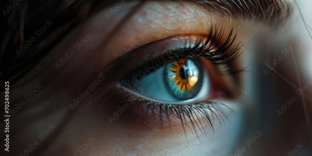 Poster a detailed close-up of a person's blue eye. versatile image that can be used for various concepts an