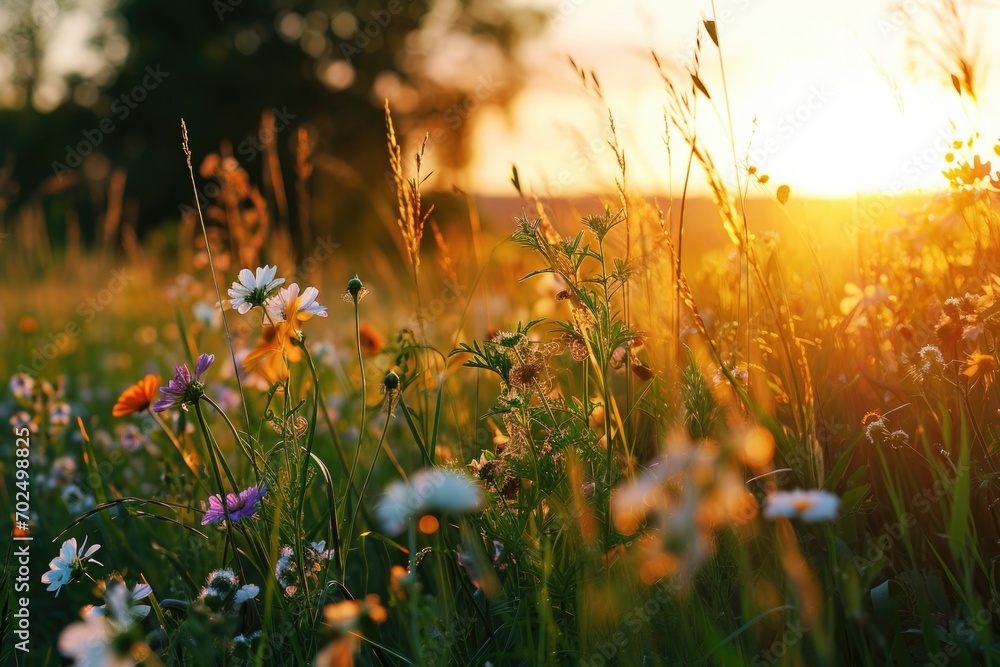 Poster a beautiful field of wildflowers with the sun setting in the background. perfect for nature enthusia