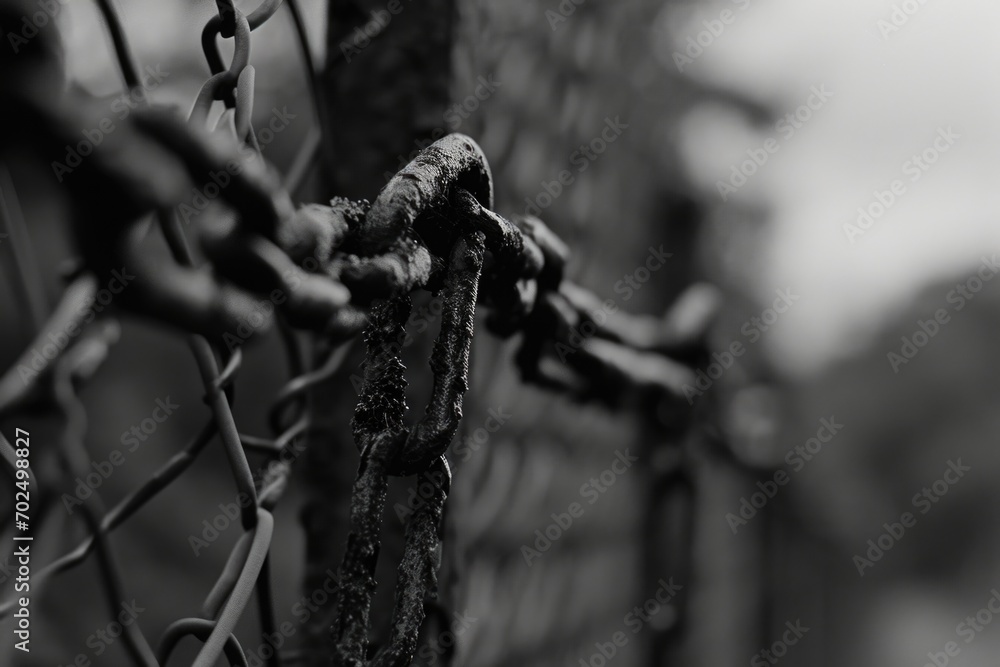 Poster a black and white photo depicting a chain link fence. suitable for various uses