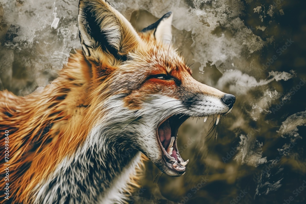 Poster close-up shot of a red fox with its mouth open, capturing its natural expression. ideal for wildlife