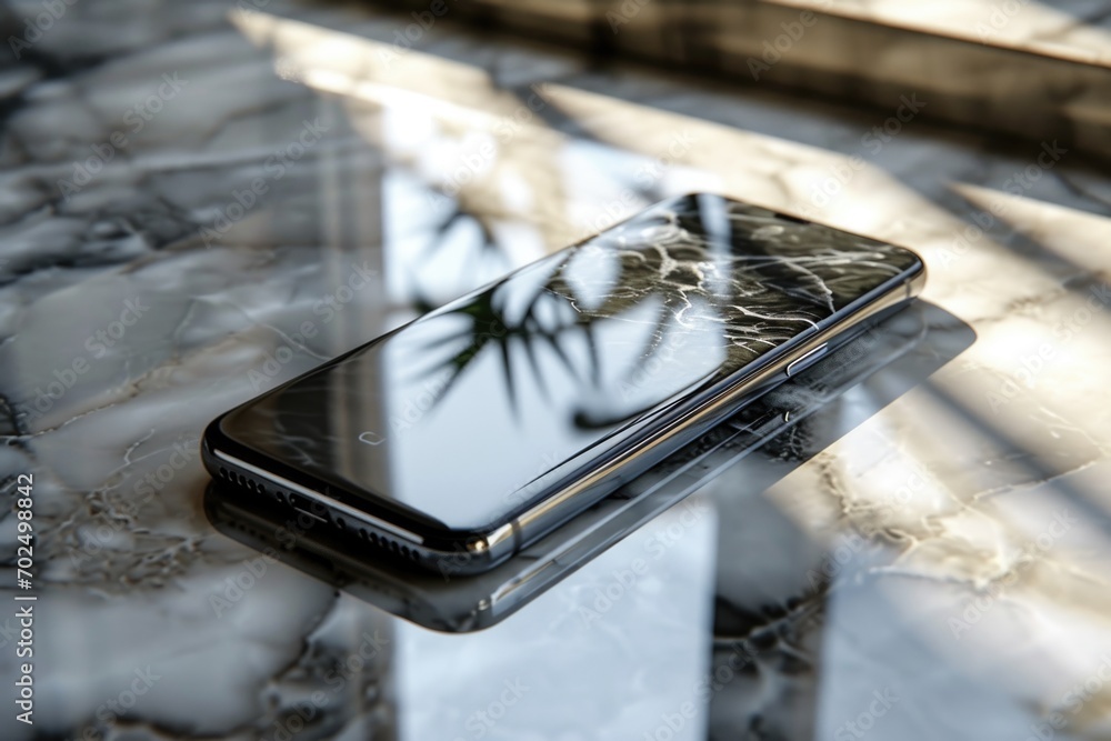 Poster a cell phone resting on a sleek marble table. perfect for technology and lifestyle concepts