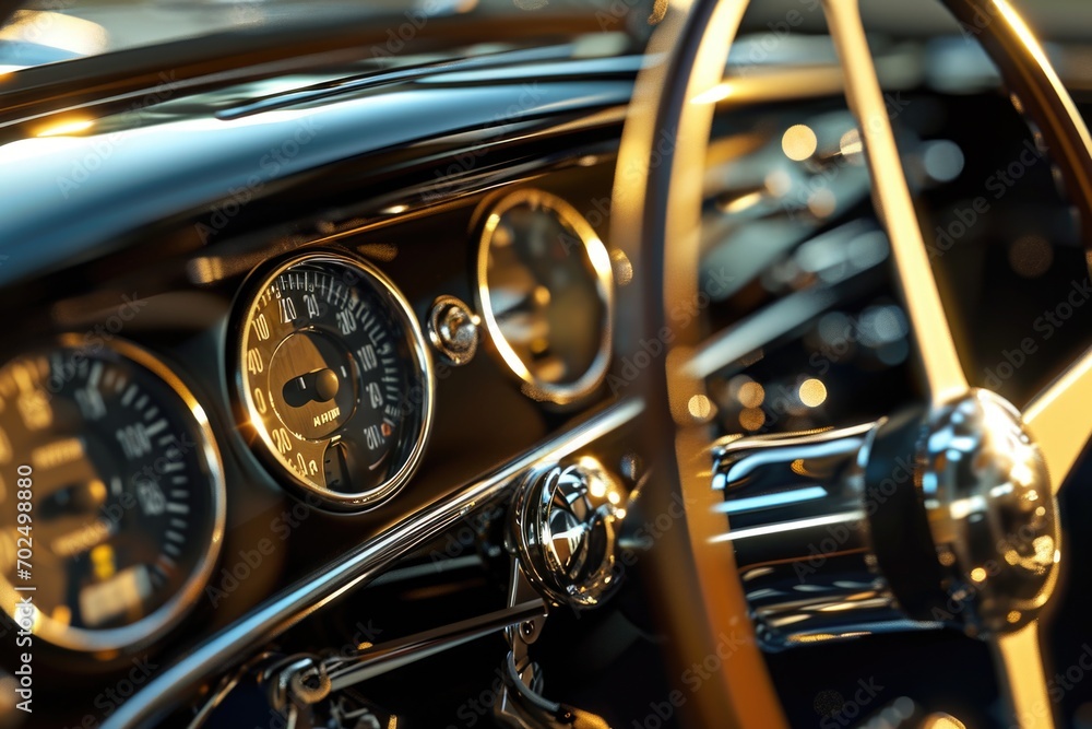 Poster a close up view of the steering wheel and dashboard of a car. this image can be used to showcase the