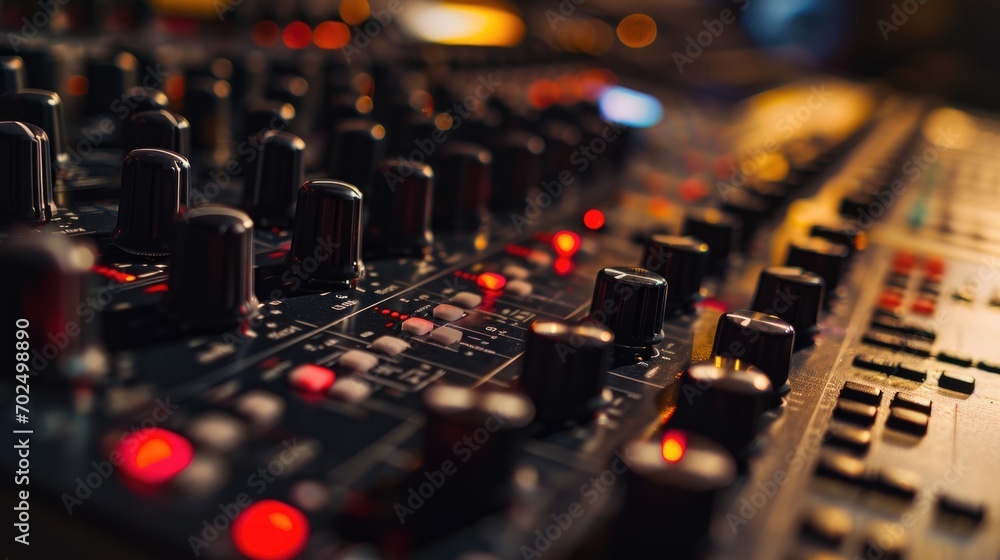 Poster close up of a mixing board in a recording studio. ideal for music production and audio engineering p