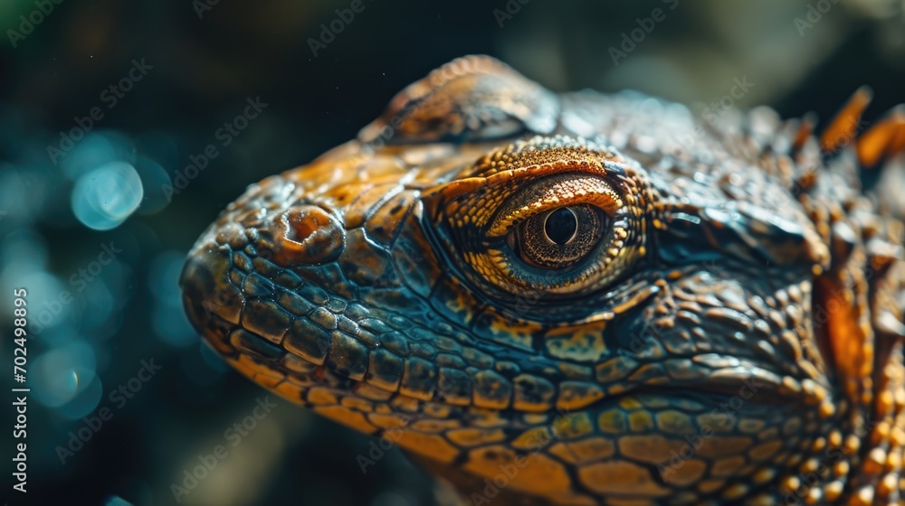 Poster a close-up view of a lizard's face with a blurred background. this image can be used to showcase the