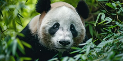 A close up photograph of a panda bear in its natural habitat. This image can be used to depict wildlife, conservation, or the beauty of nature