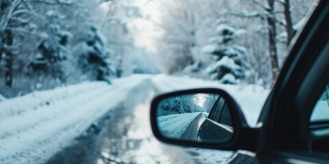 A side view mirror of a car on a snowy road. Suitable for automotive and winter driving concepts