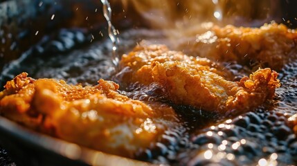 Deliciously golden fried chicken in a frying pan. Perfect for food blogs, restaurant menus, or cooking tutorials - obrazy, fototapety, plakaty