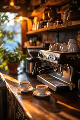A coffee machine placed on a wooden counter. Perfect for cafes, restaurants, and home kitchens - obrazy, fototapety, plakaty