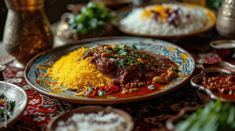 Poster a table topped with plates of food and silverware. perfect for showcasing a delicious meal or settin