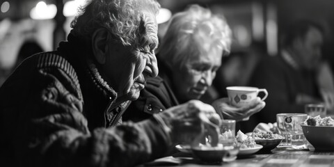 A couple of people sitting at a table enjoying a meal together. Perfect for illustrating shared meals, dining experiences, and relationships - obrazy, fototapety, plakaty