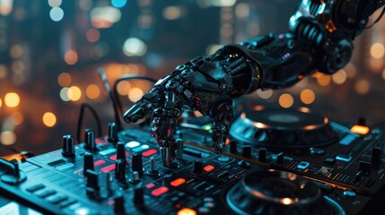 Fototapeta na wymiar Robotic hand playing music on a mixer. Ideal for technology, robotics, and music industry concepts