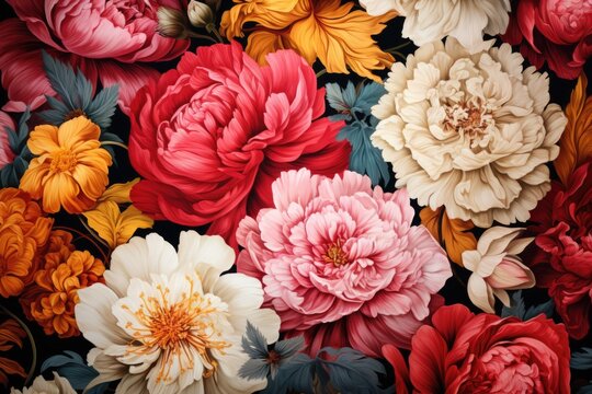 Elegant Peony Floral Pattern Retro Flowers Textile Print Vintage Wallpaper Fashion Garden Style Clothing Cottagecore Design