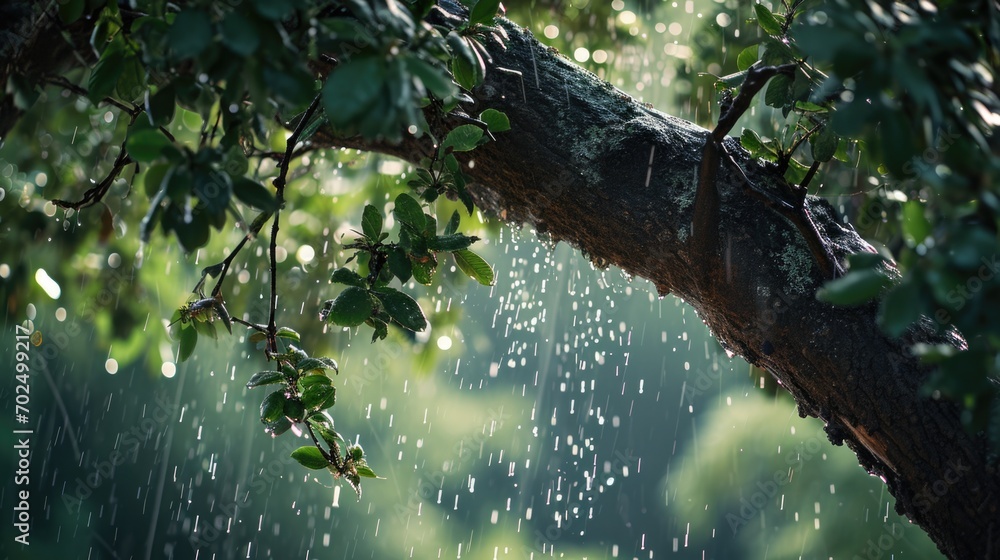 Poster rain falling on a tree branch. can be used to depict a rainy day or nature during a storm
