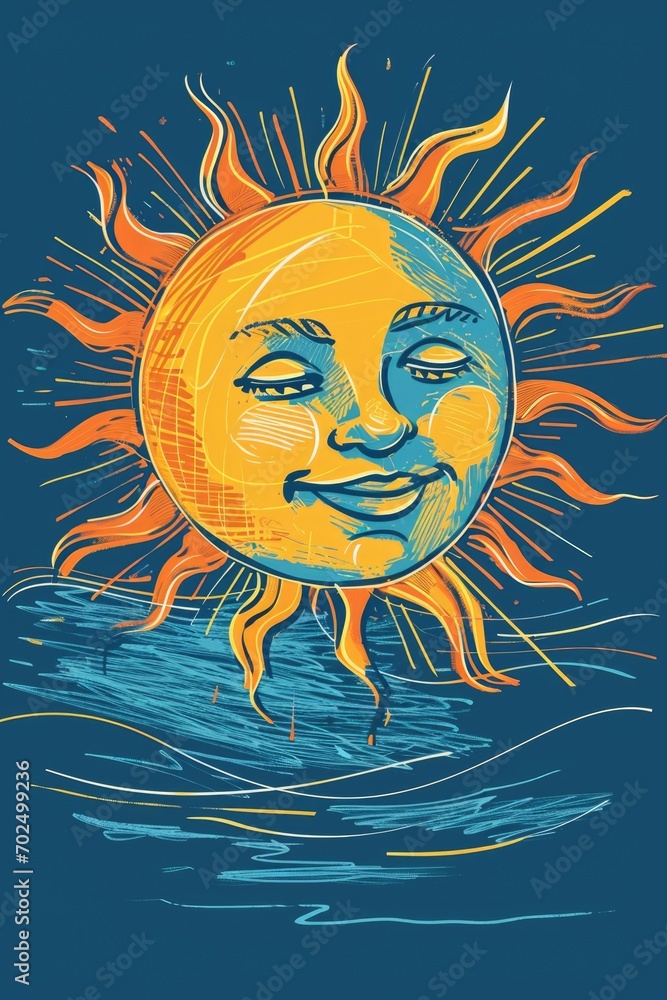 Poster a bright sun with a friendly face shining in the middle of the ocean. perfect for summer-themed desi
