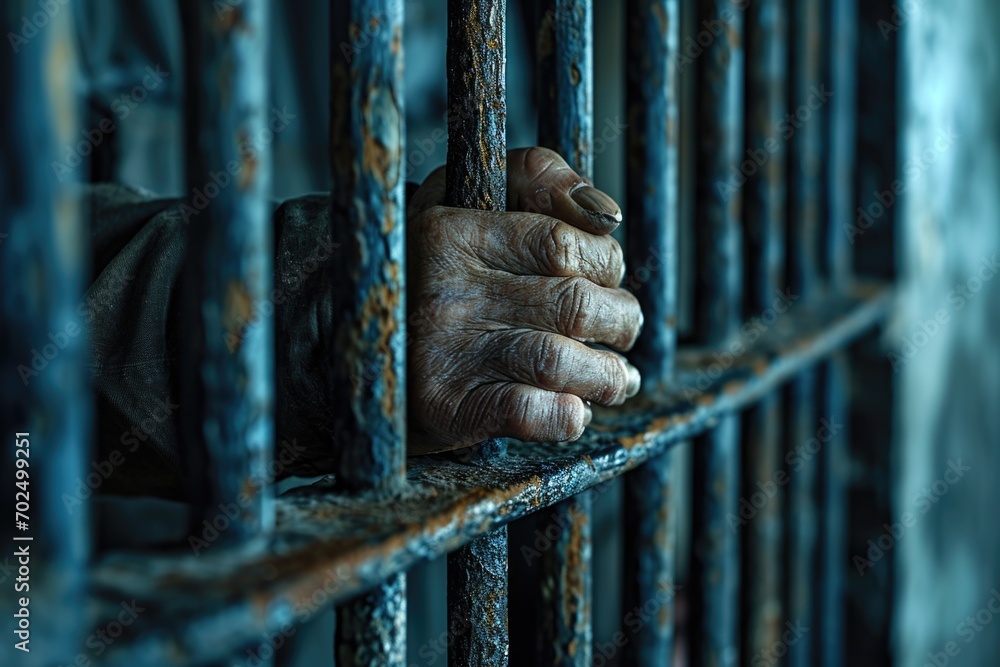 Poster a close-up view of a person's hand behind bars. this image can be used to symbolize confinement, imp