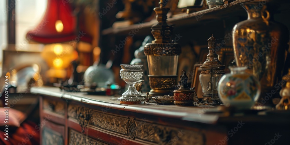 Aufkleber a collection of vases displayed on a shelf in a room. perfect for interior design and home decor pro