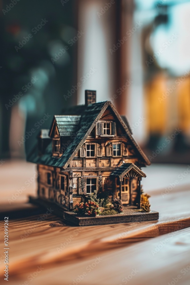 Poster A small scale model of a house placed on a table. Ideal for home improvement and architecture projects