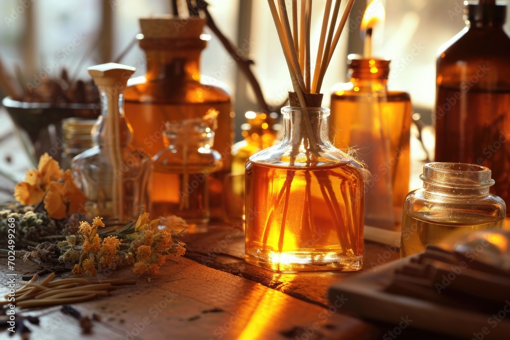 Poster Perfume bottles and reeds displayed on a rustic wooden table. Versatile image suitable for beauty and lifestyle concepts