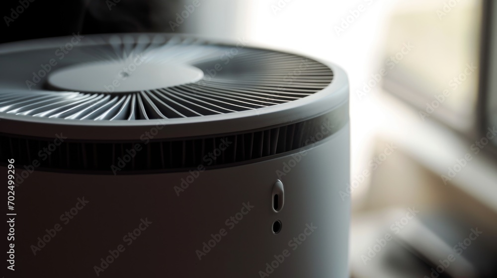 Poster white air conditioner placed in front of a window. suitable for home cooling solutions