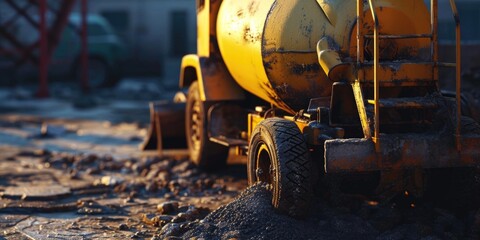 A yellow cement truck parked in the dirt. Suitable for construction and transportation themes - obrazy, fototapety, plakaty