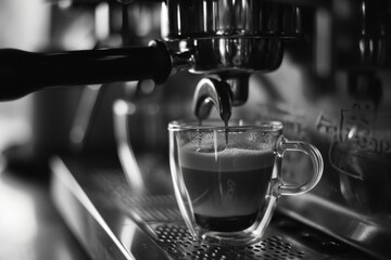 A cup of coffee being poured into a glass. Suitable for coffee shop advertisements and beverage-related designs