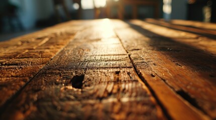 A close up view of a wooden table with sunlight shining on it. Suitable for various uses