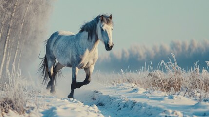 Obraz na płótnie Canvas A white horse running freely through a picturesque snowy field. Perfect for winter-themed designs and equestrian-related projects
