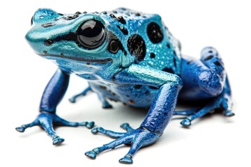 A blue and black frog sitting on a white surface. Suitable for nature and wildlife themes