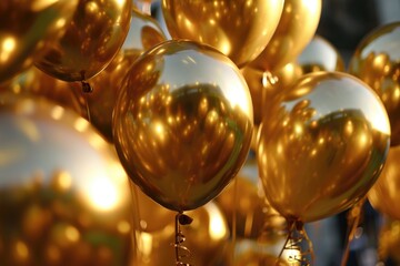 Shiny gold balloons floating in the air. Perfect for celebrations and festive occasions