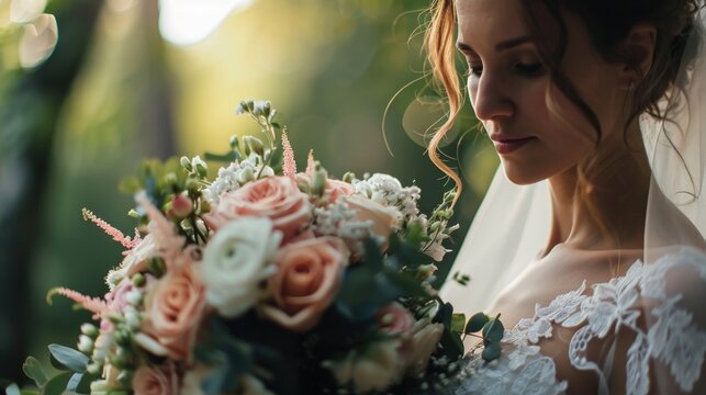 A woman in a wedding dress holding a bouquet of flowers. Perfect for wedding-related projects