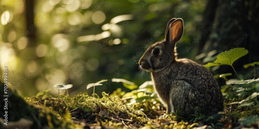 Poster a rabbit sitting in the grass in the woods. perfect for nature and wildlife-themed projects