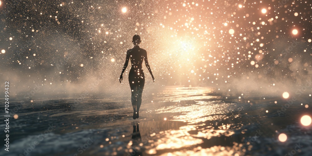 Poster a person standing in the water in the rain. suitable for illustrating weather conditions or showcasi
