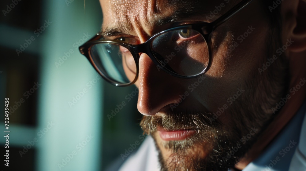 Poster a detailed view of a man wearing glasses. suitable for various uses