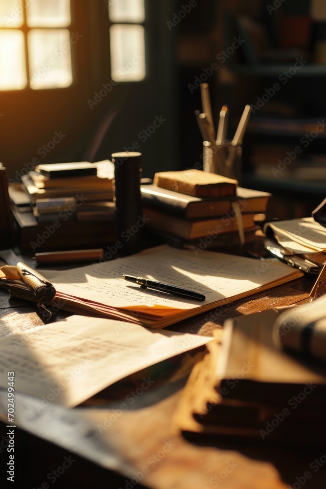 Poster a desk covered with numerous books and pens. ideal for educational and office-related projects