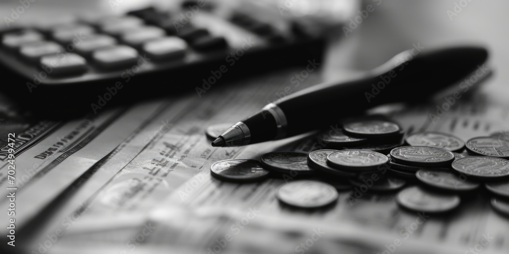 Poster A pen is placed on top of a pile of coins next to a calculator. This image can be used to represent financial calculations, budgeting, or saving money