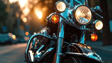 A detailed view of a motorcycle parked on a bustling city street. Suitable for depicting urban...