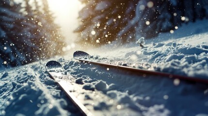 Skis resting on a snow-covered slope, ready for a thrilling ride. Perfect for winter sports enthusiasts and outdoor adventure promotions